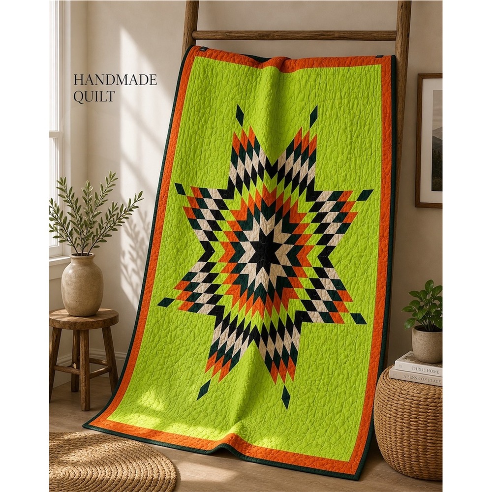 Texas Style Star Quilt Chili Lime Green Camo Reverse 54x48 Geometric Star